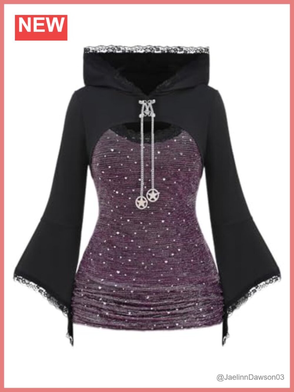 Gothic Plus Size Lace Panel Bell Sleeve Hooded Tunic Top